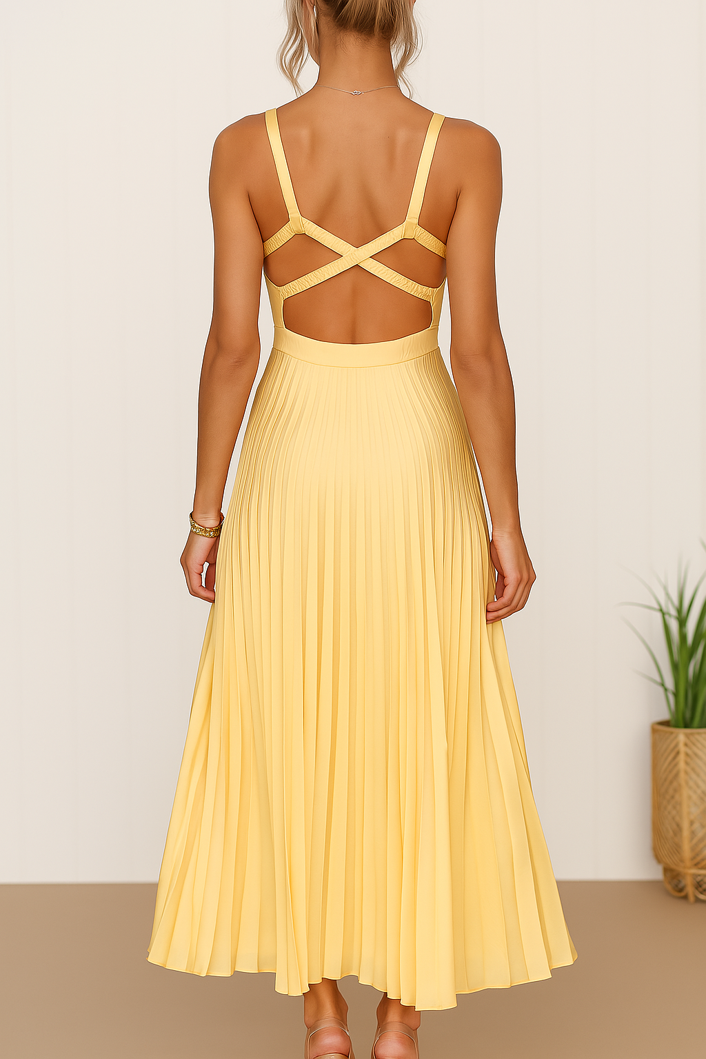 Abito lungo elegante senza maniche con scollo a V da donna - Abito da sera leggero con schiena scoperta e plissettato per eventi formali