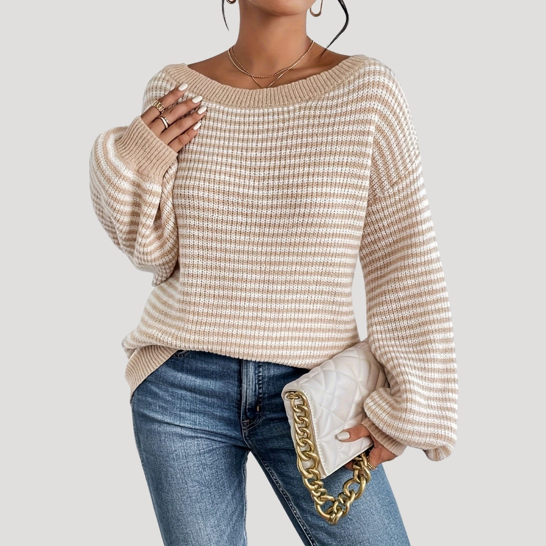 Maglione elegante a righe con scollo a barca da donna - Maglia oversize