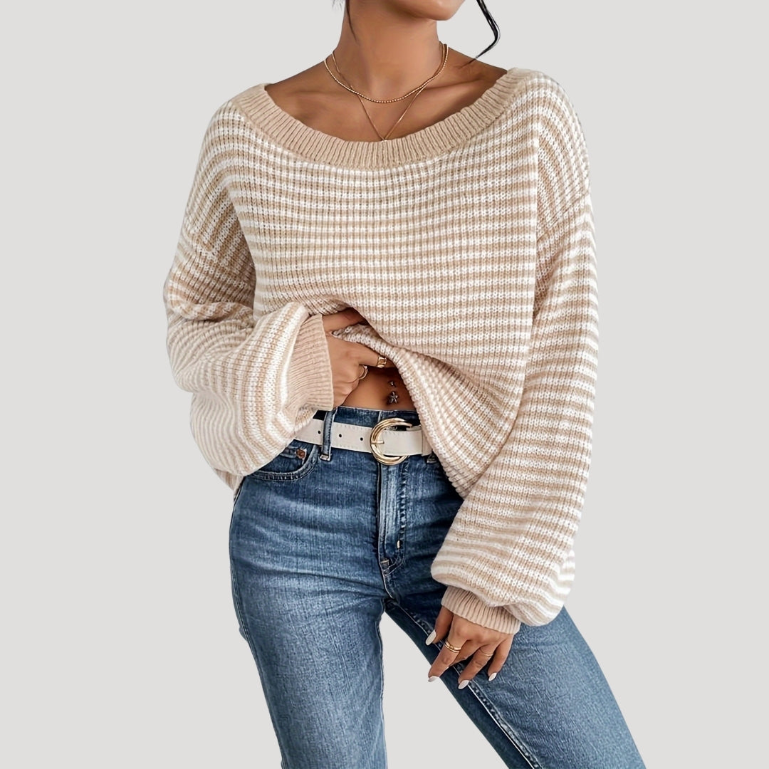 Maglione elegante a righe con scollo a barca da donna - Maglia oversize