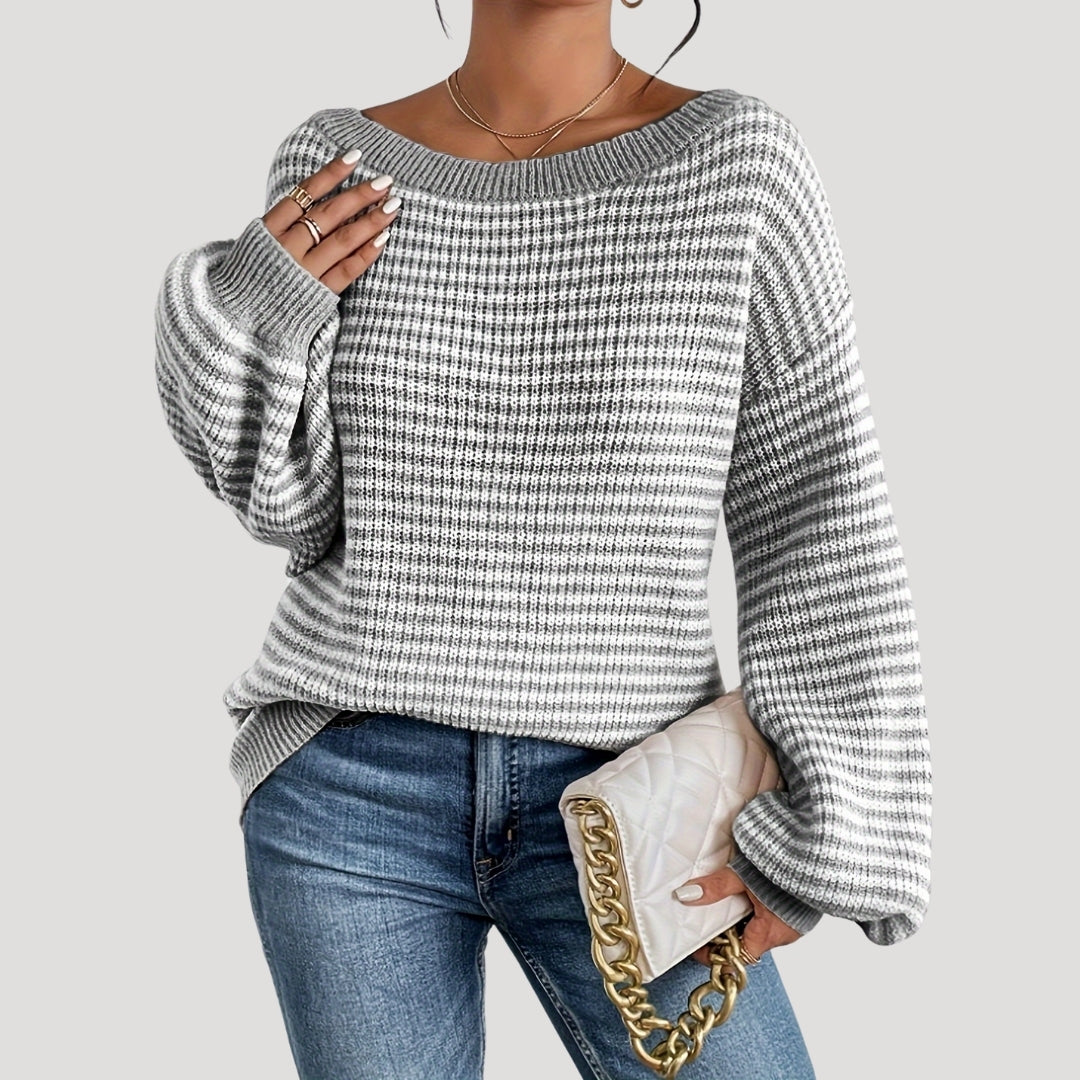 Maglione elegante a righe con scollo a barca da donna - Maglia oversize