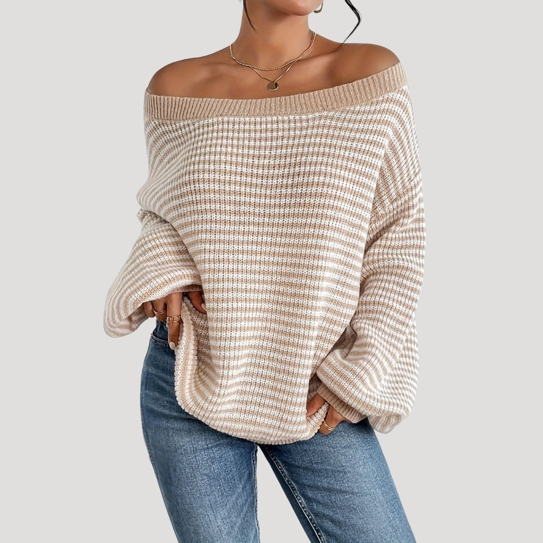 Maglione elegante a righe con scollo a barca da donna - Maglia oversize