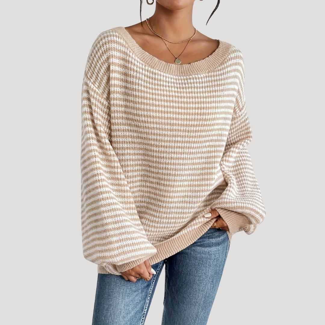 Maglione elegante a righe con scollo a barca da donna - Maglia oversize