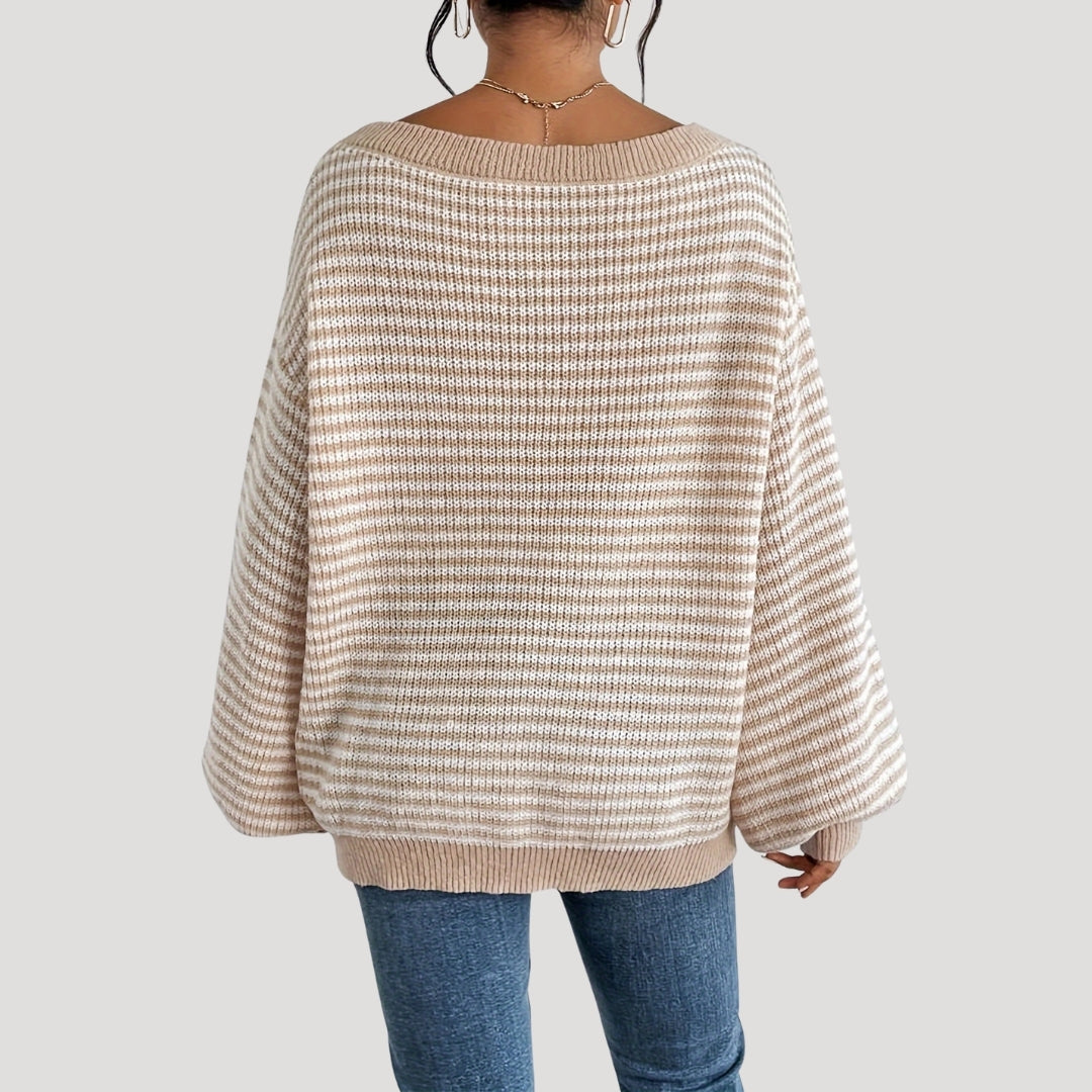 Maglione elegante a righe con scollo a barca da donna - Maglia oversize