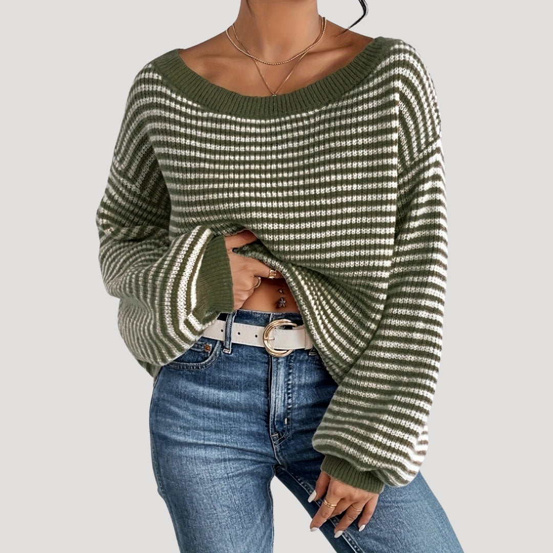 Maglione elegante a righe con scollo a barca da donna - Maglia oversize