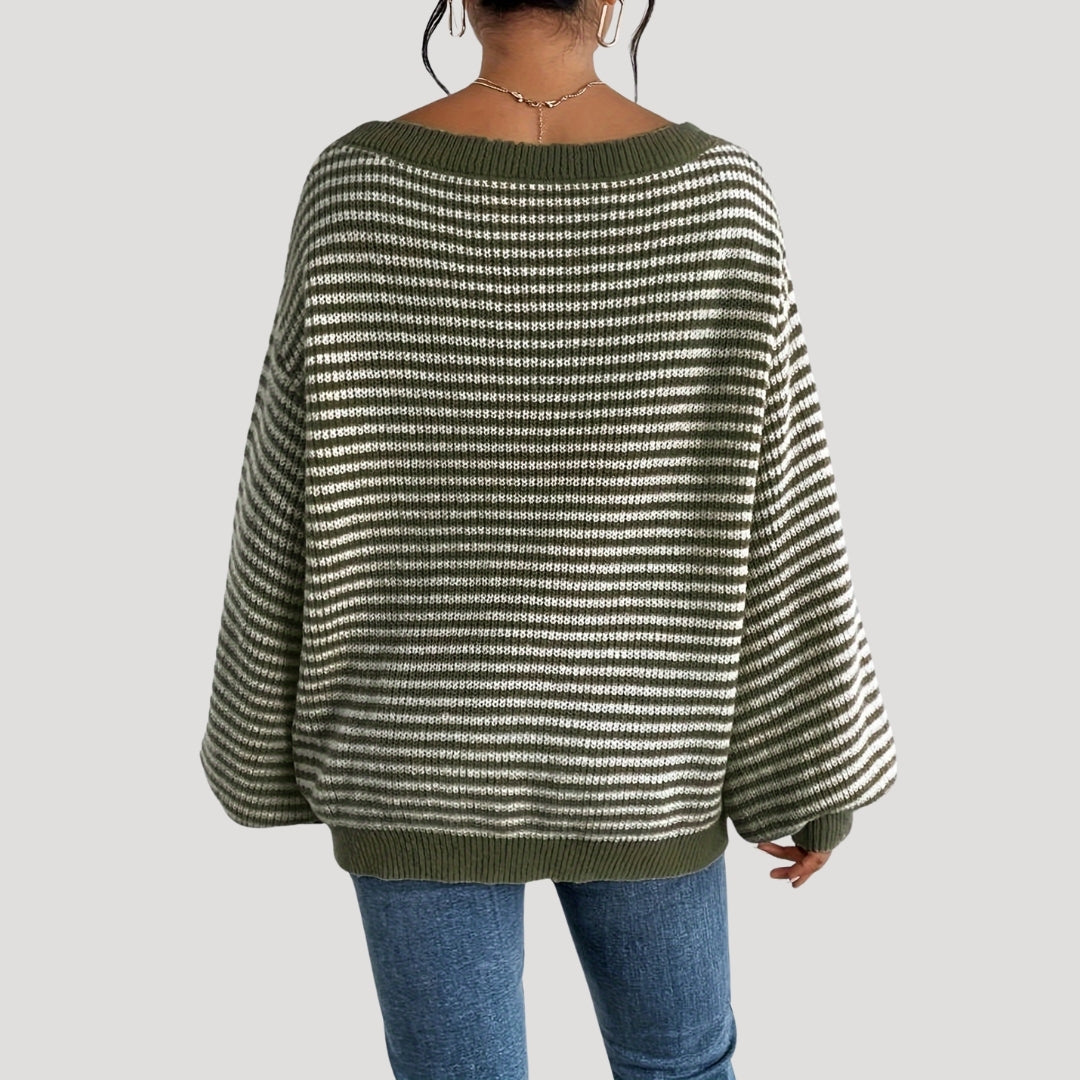 Maglione elegante a righe con scollo a barca da donna - Maglia oversize
