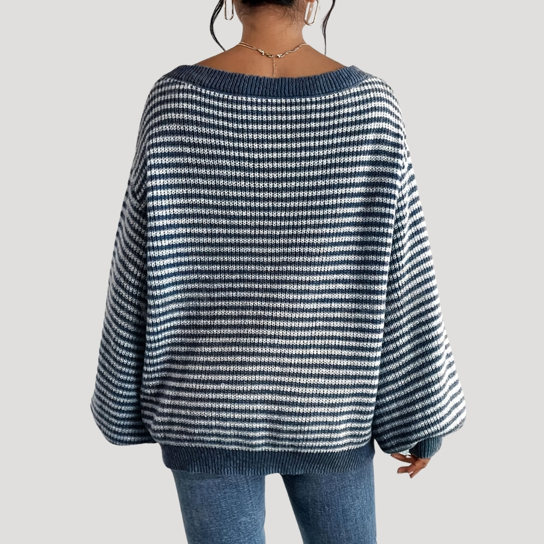Maglione elegante a righe con scollo a barca da donna - Maglia oversize