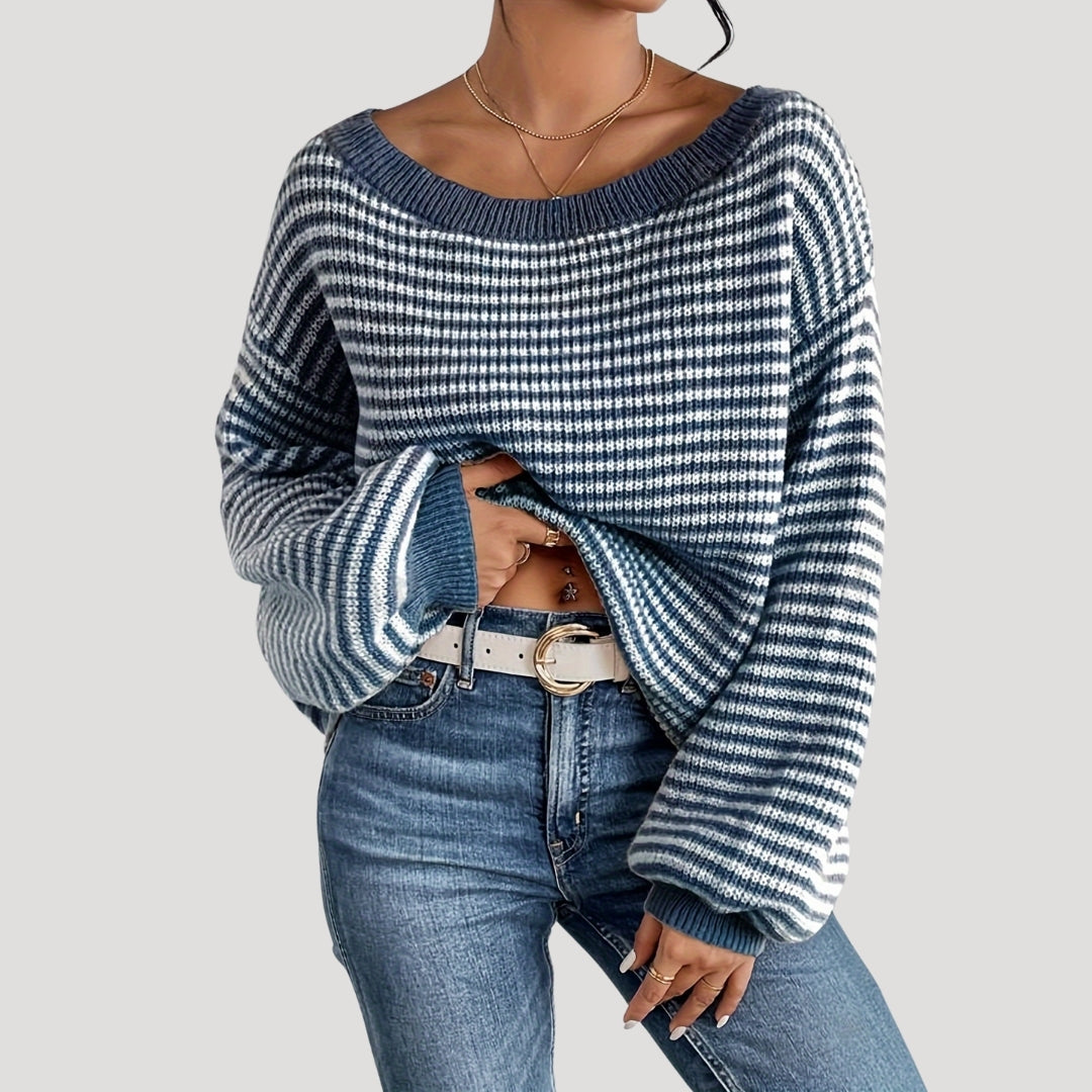 Maglione elegante a righe con scollo a barca da donna - Maglia oversize