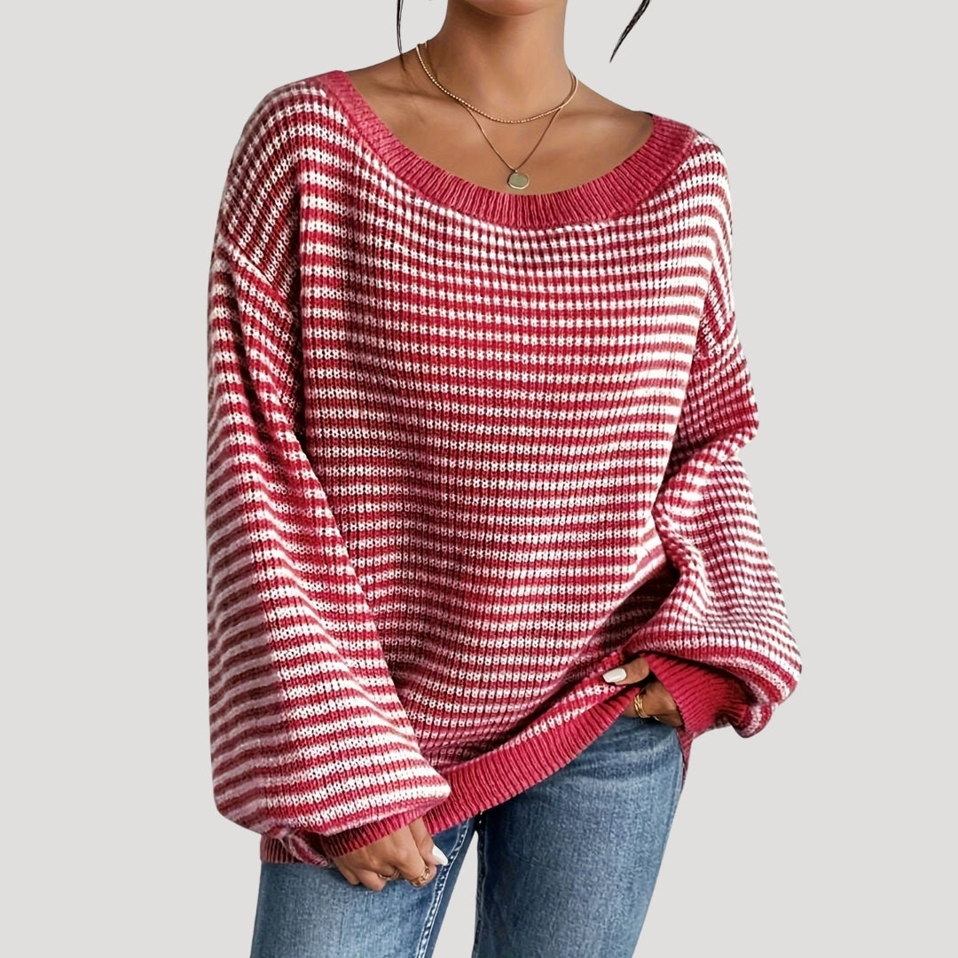 Maglione elegante a righe con scollo a barca da donna - Maglia oversize