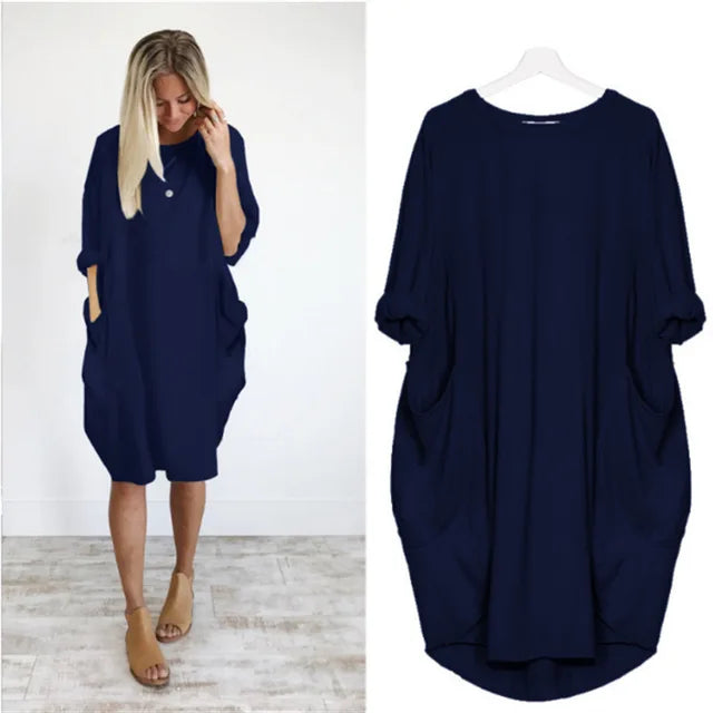 Abito midi oversize in cotone da donna - Casual a maniche lunghe