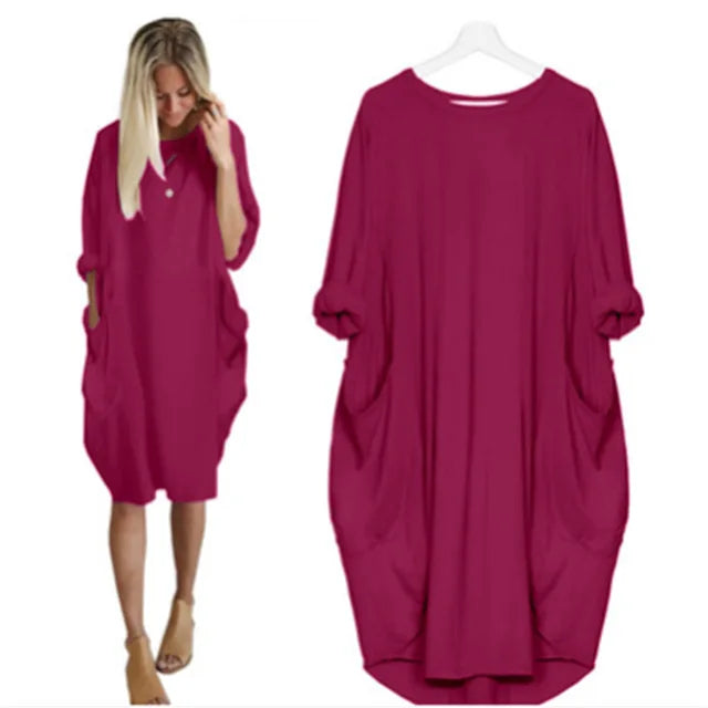 Abito midi oversize in cotone da donna - Casual a maniche lunghe