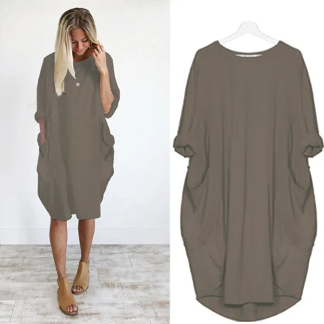 Abito midi oversize in cotone da donna - Casual a maniche lunghe