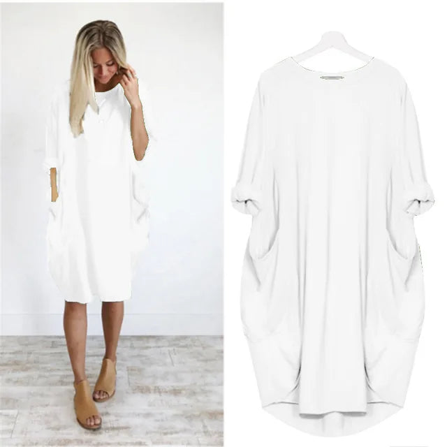 Abito midi oversize in cotone da donna - Casual a maniche lunghe