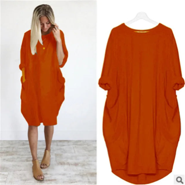 Abito midi oversize in cotone da donna - Casual a maniche lunghe