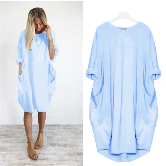 Abito midi oversize in cotone da donna - Casual a maniche lunghe