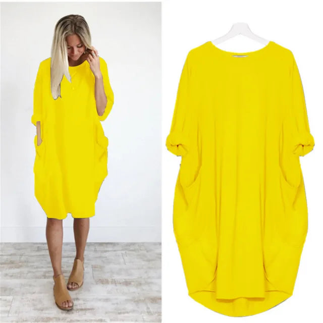 Abito midi oversize in cotone da donna - Casual a maniche lunghe