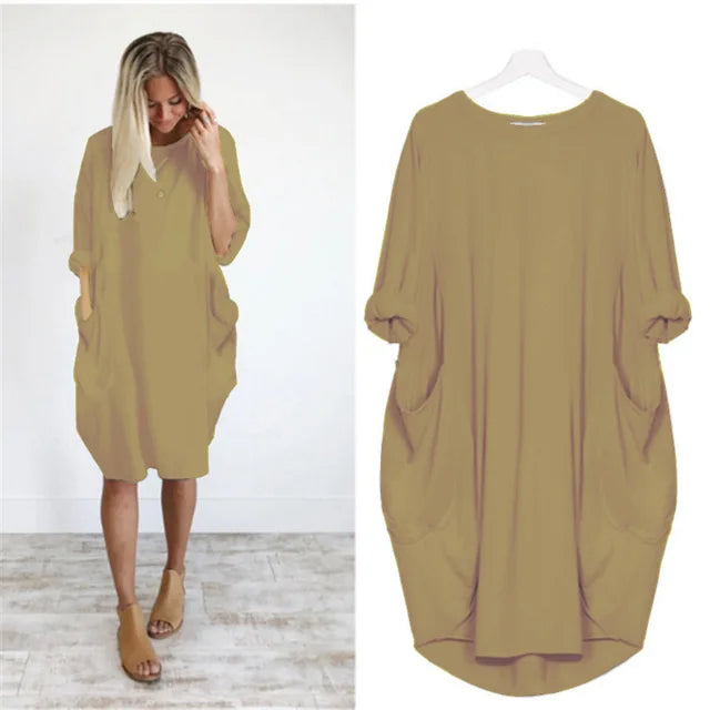Abito midi oversize in cotone da donna - Casual a maniche lunghe