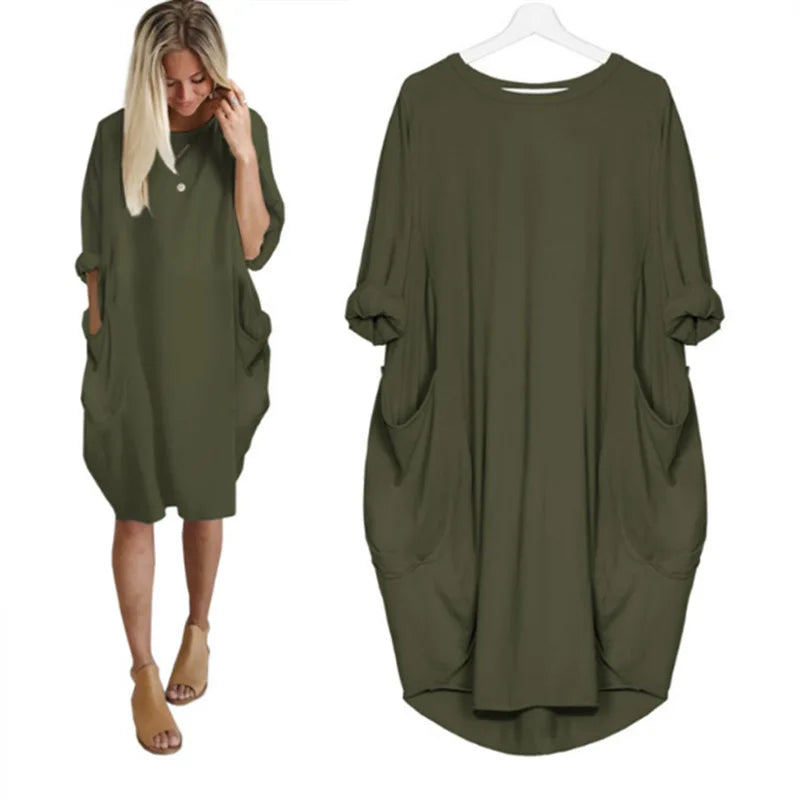 Abito midi oversize in cotone da donna - Casual a maniche lunghe