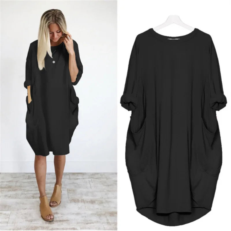 Abito midi oversize in cotone da donna - Casual a maniche lunghe