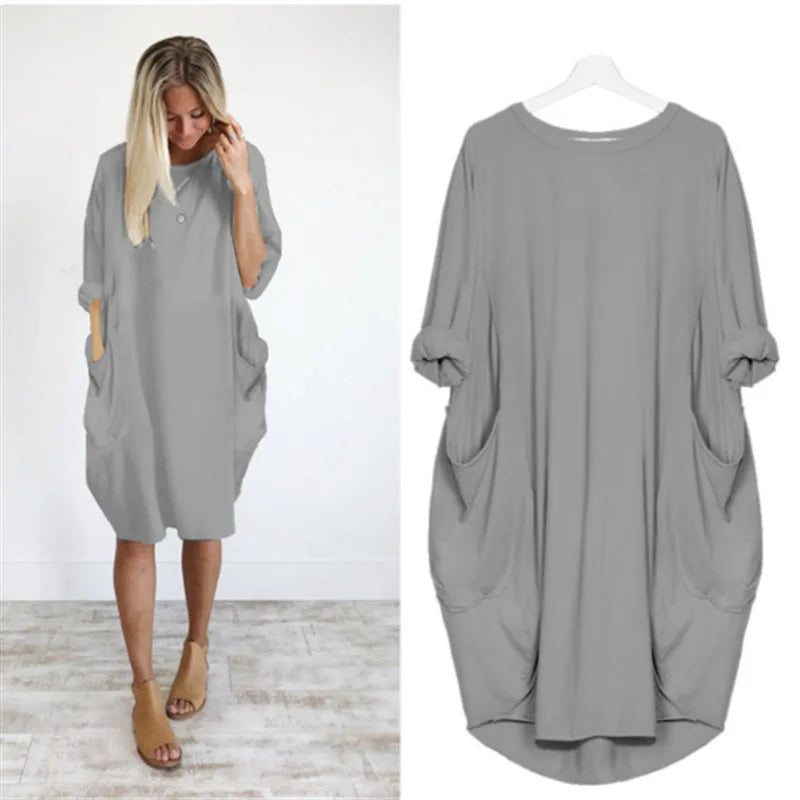 Abito midi oversize in cotone da donna - Casual a maniche lunghe