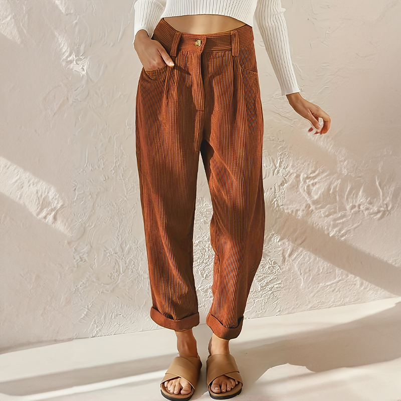 Pantaloni a coste a vita alta da donna - Pantaloni casual e comodi