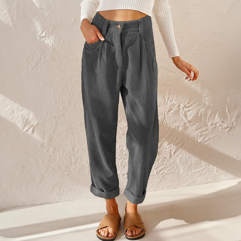 Pantaloni a coste a vita alta da donna - Pantaloni casual e comodi
