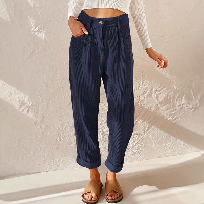 Pantaloni a coste a vita alta da donna - Pantaloni casual e comodi