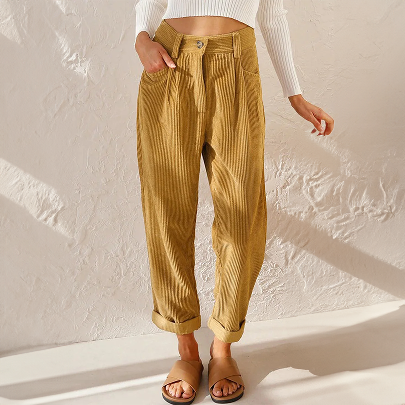 Pantaloni a coste a vita alta da donna - Pantaloni casual e comodi