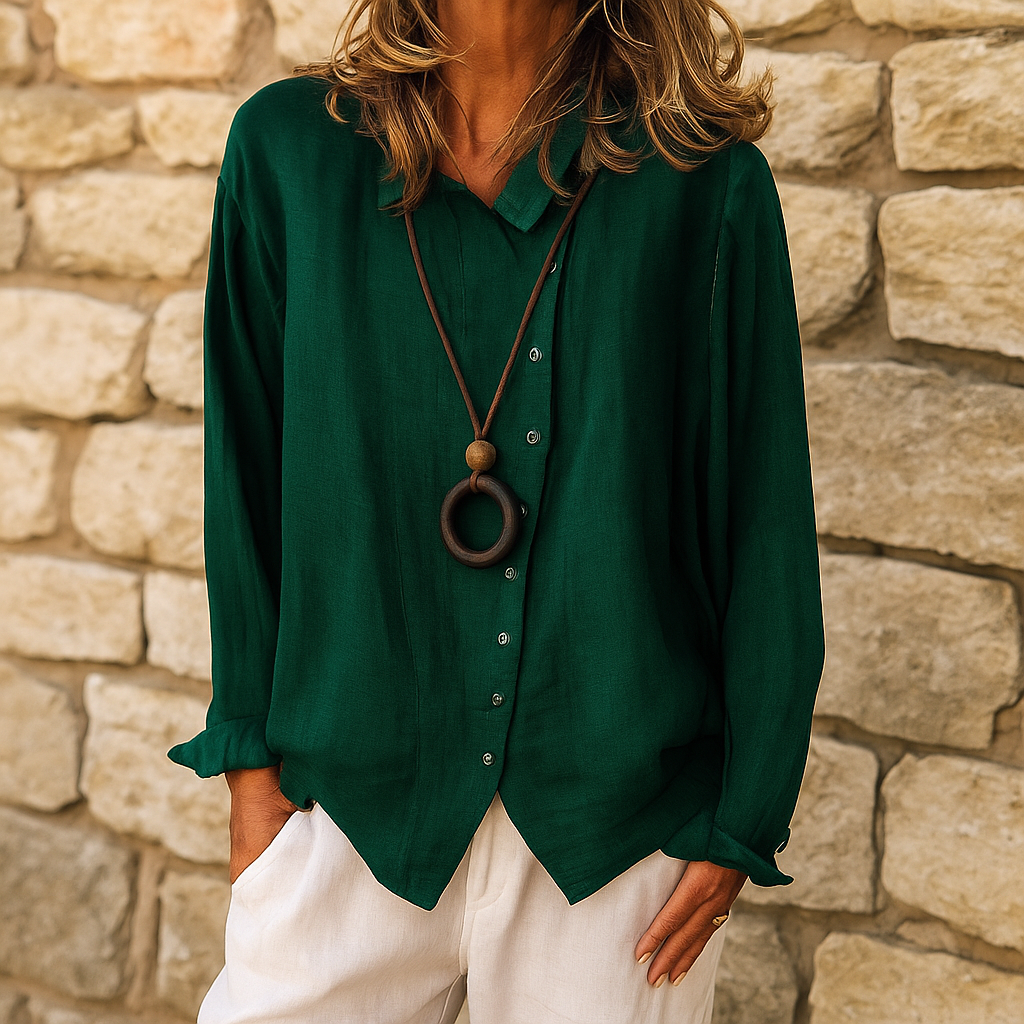 Camicetta donna elegante con scollo a V e maniche lunghe – look rilassato