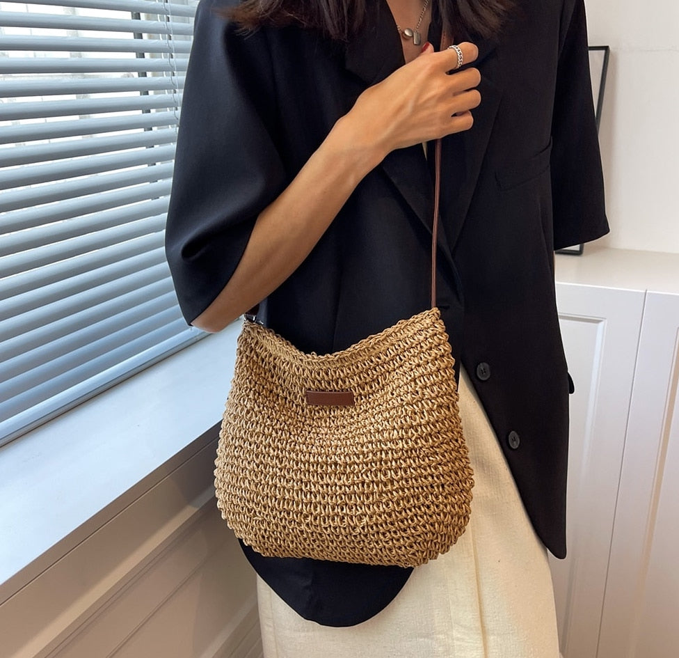 Borsa a Tracolla Estiva in Paglia Fatto a Mano Donna – Borsa Satchel Intrecciata Casual da Spiaggia