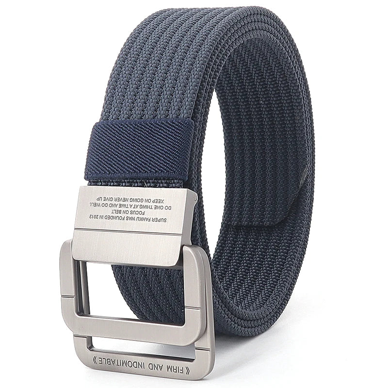 Cintura unisex in tela con fibbia a doppio anello in metallo - Cintura casual a righe
