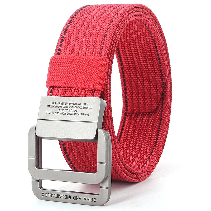 Cintura unisex in tela con fibbia a doppio anello in metallo - Cintura casual a righe