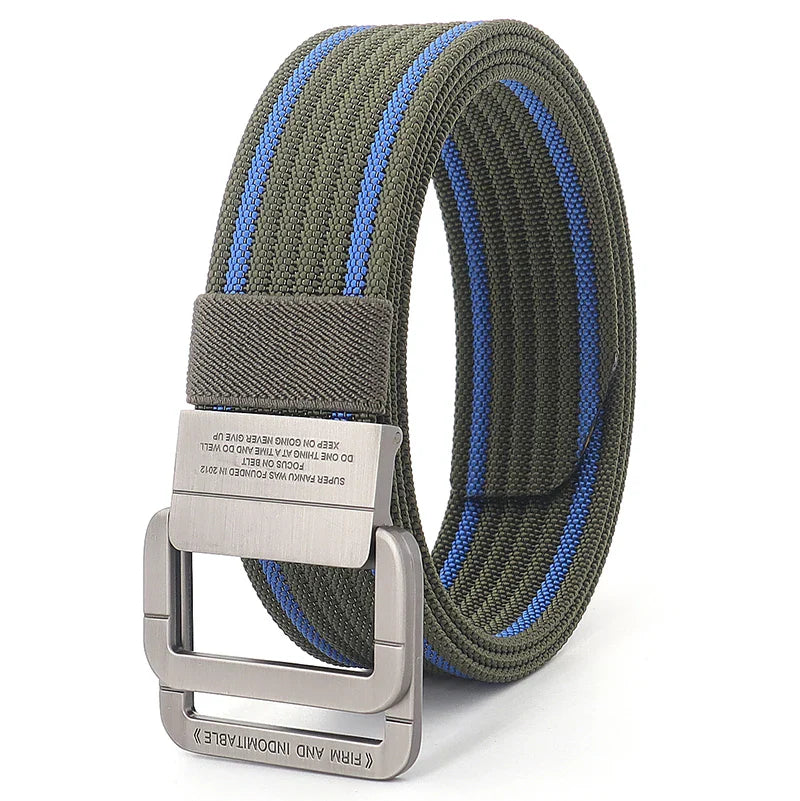 Cintura unisex in tela con fibbia a doppio anello in metallo - Cintura casual a righe