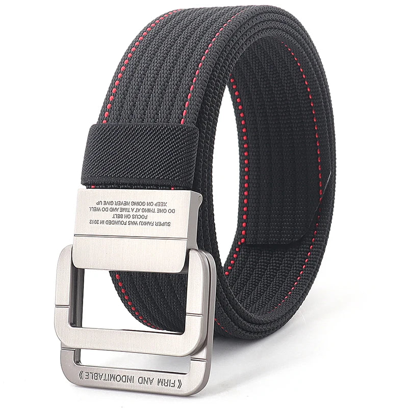 Cintura unisex in tela con fibbia a doppio anello in metallo - Cintura casual a righe