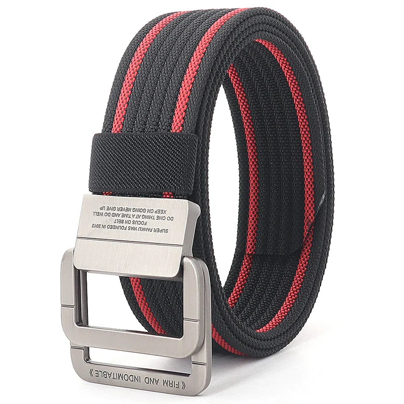 Cintura unisex in tela con fibbia a doppio anello in metallo - Cintura casual a righe