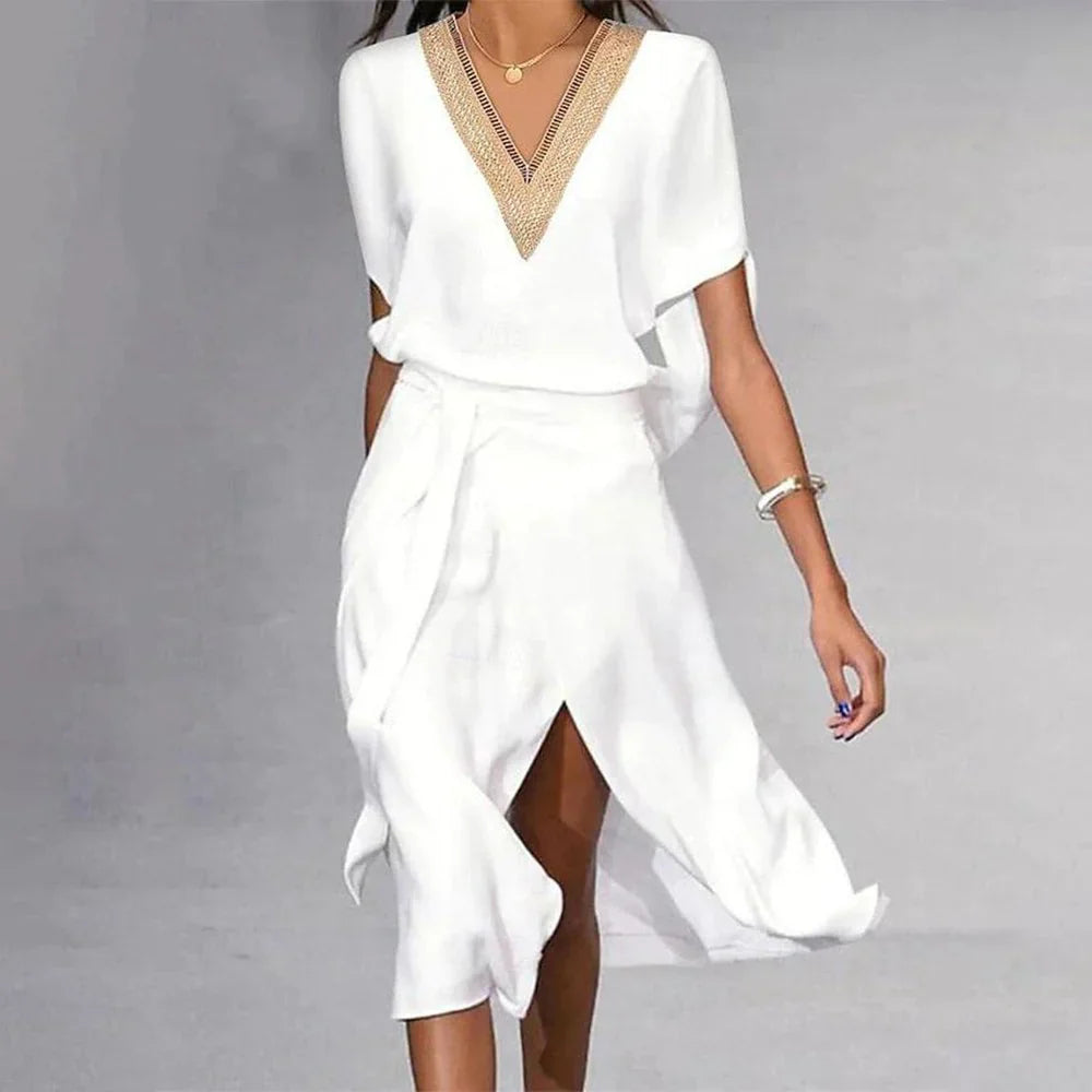 Abito midi moderno bianco con scollo a V da donna