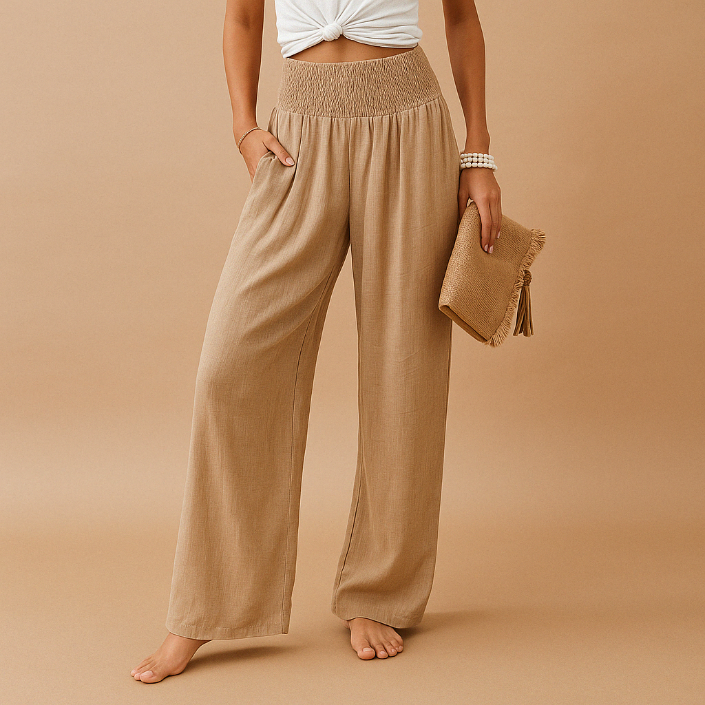 Pantaloni eleganti in lino a vita alta da donna - Pantaloni casual elastici