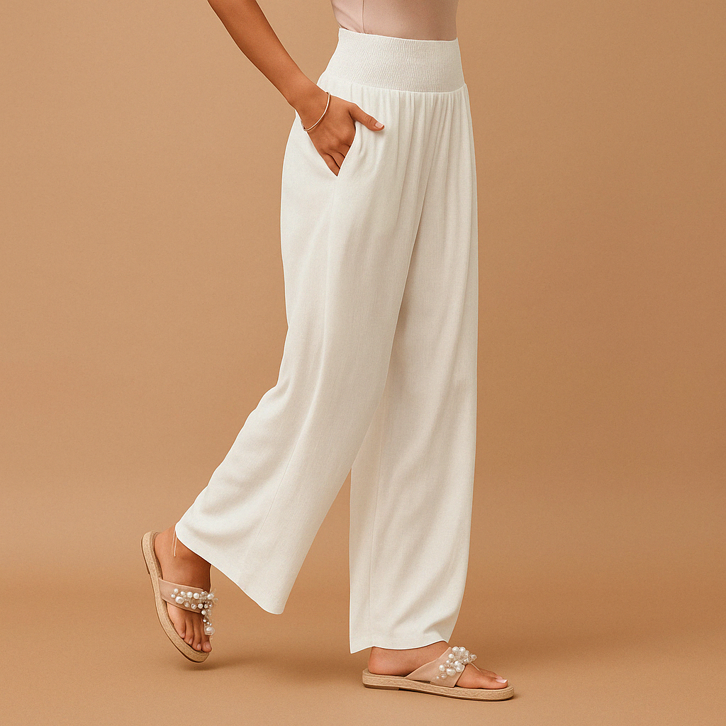 Pantaloni eleganti in lino a vita alta da donna - Pantaloni casual elastici