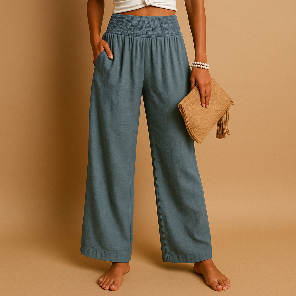 Pantaloni eleganti in lino a vita alta da donna - Pantaloni casual elastici