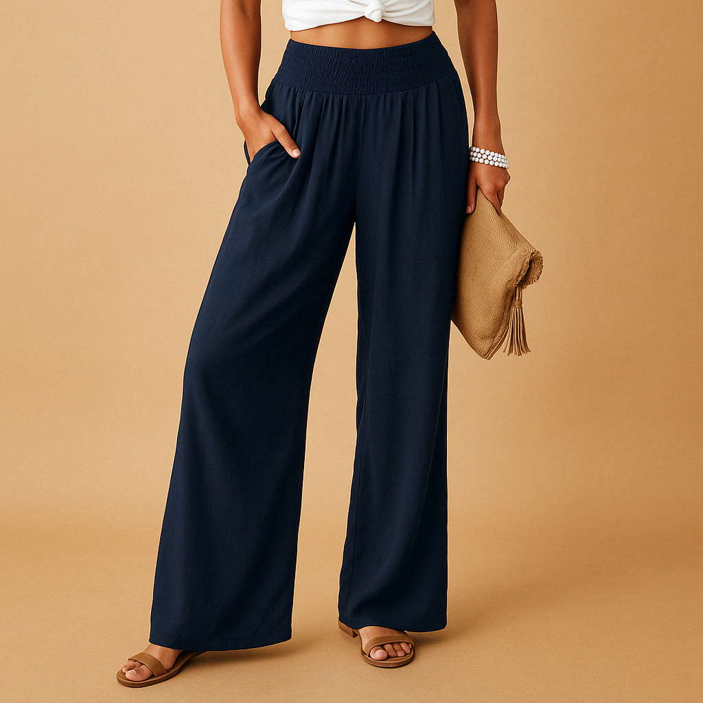 Pantaloni eleganti in lino a vita alta da donna - Pantaloni casual elastici