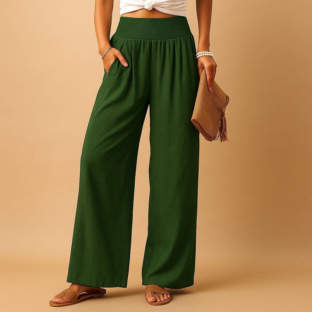 Pantaloni eleganti in lino a vita alta da donna - Pantaloni casual elastici