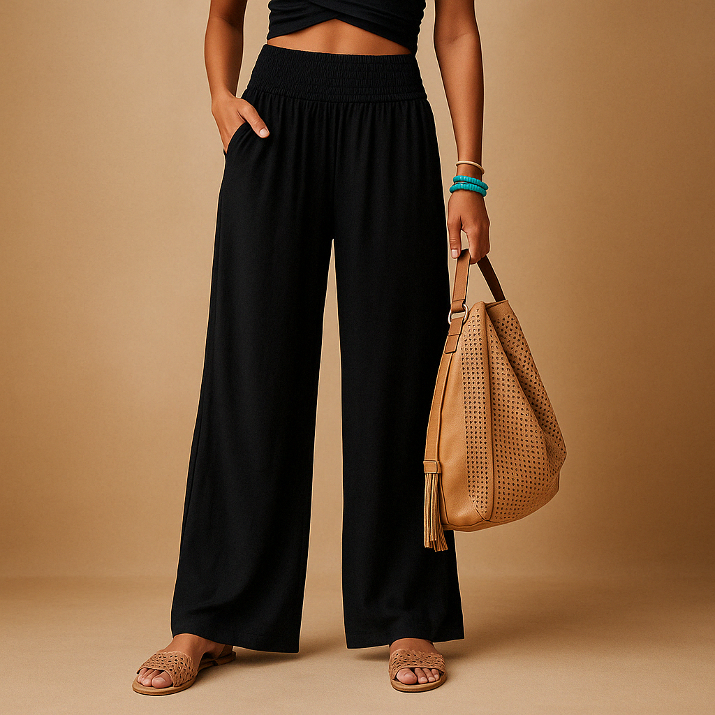 Pantaloni eleganti in lino a vita alta da donna - Pantaloni casual elastici