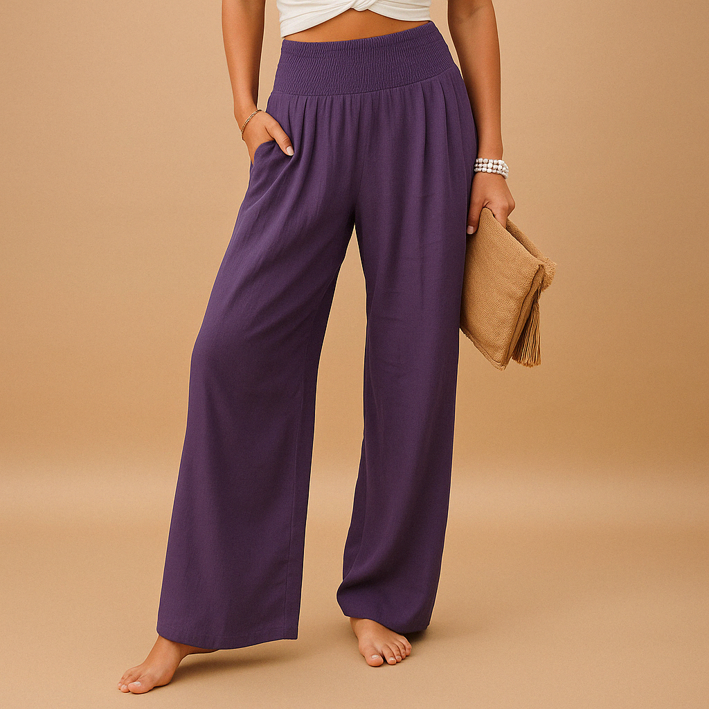 Pantaloni eleganti in lino a vita alta da donna - Pantaloni casual elastici