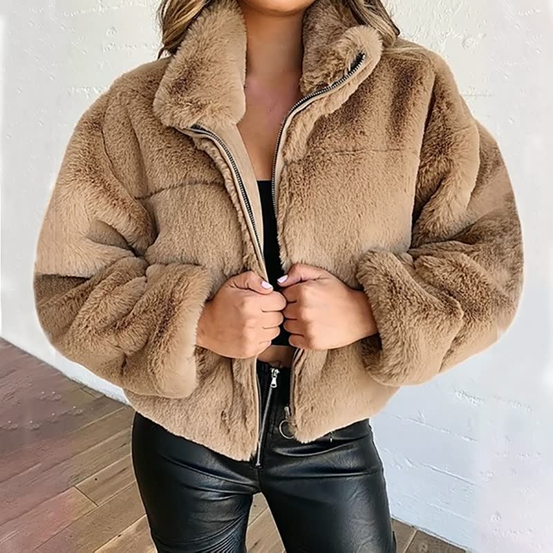 Donna morbida confortevole Giacca Teddy - Cappotto corto collo alto cerniera
