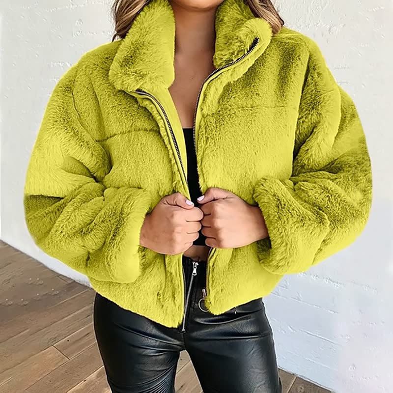Donna morbida confortevole Giacca Teddy - Cappotto corto collo alto cerniera