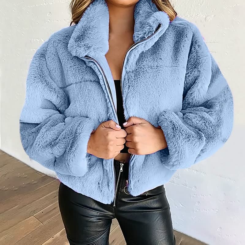 Donna morbida confortevole Giacca Teddy - Cappotto corto collo alto cerniera