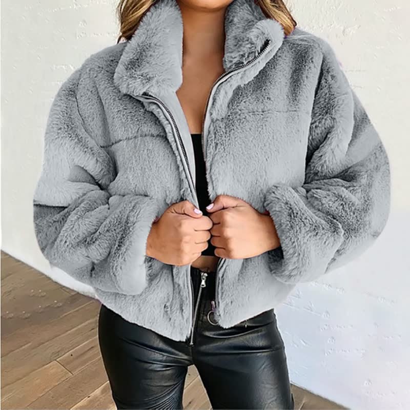Donna morbida confortevole Giacca Teddy - Cappotto corto collo alto cerniera