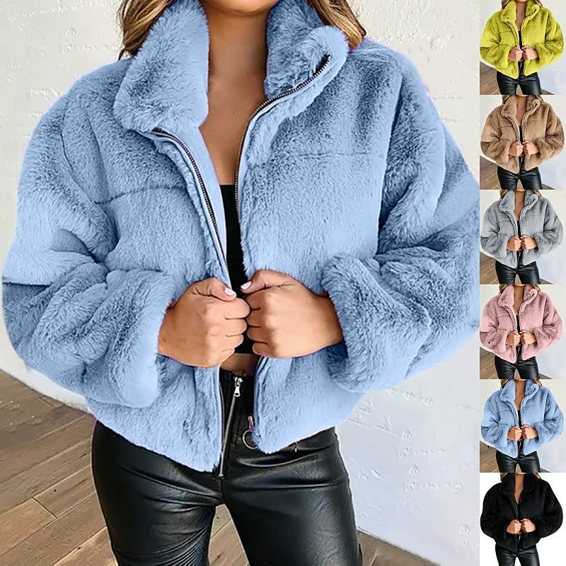 Donna morbida confortevole Giacca Teddy - Cappotto corto collo alto cerniera