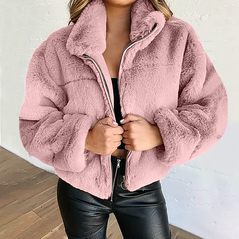 Donna morbida confortevole Giacca Teddy - Cappotto corto collo alto cerniera