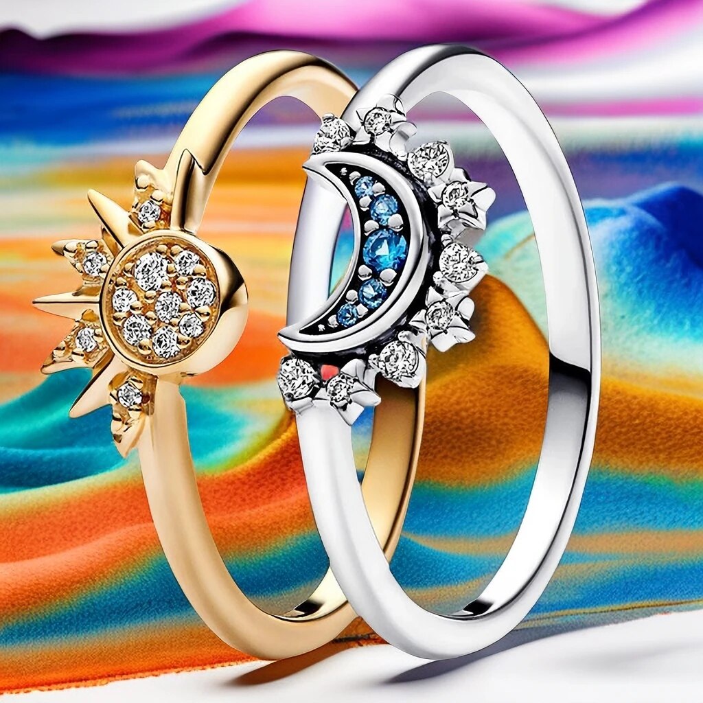 Anello in cristallo d'argento scintillante Luna-Sole