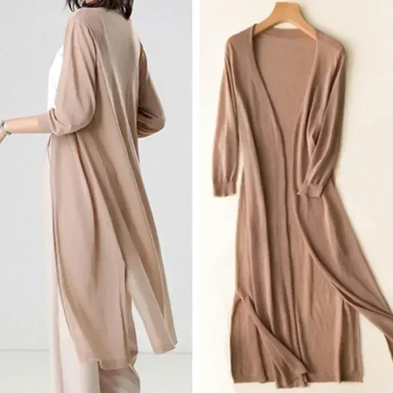 Cardigan lungo aperto leggero da donna con maniche a 3/4